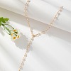 Flat Round Brass with Plastic Pearl Lariat Necklaces FS-WG1426B-01-2