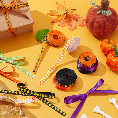 8Rolls 8 Colors Halloween Polyester Printed Grosgrain Ribbon OCOR-PH0004-26-1