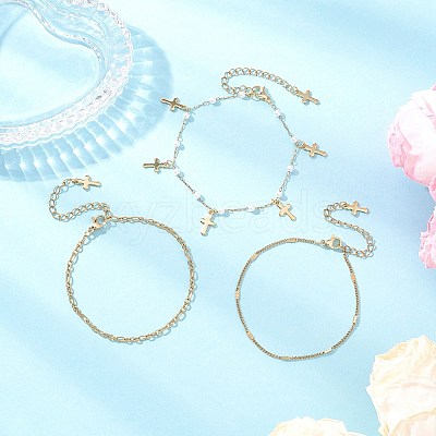 Round ABS Imitation Pearl Beaded Chains & 304 Stainless Steel Cable Chains Stackable Bracelets for Women BJEW-JB12452-01-1