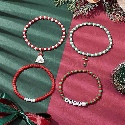 4Pcs 4 Styles Christmas 4mm Round Glass Seed Beaded Stretch Bracelet Sets BJEW-TA00500-1