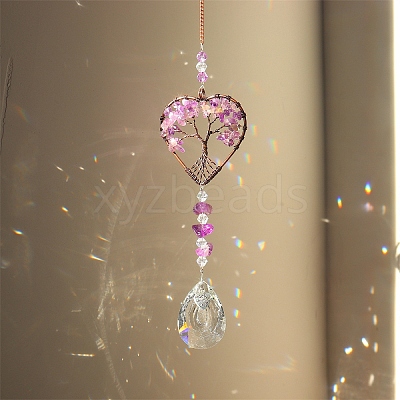 Natural Amethyst Chip Wrapped Heart with Tree of Life Hanging Ornaments PW-WG90532-02-1