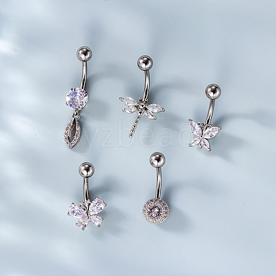316L Surgical Stainless Steel Clear Cubic Zirconia Curved Barbell Belly Rings WG7644D-07-1