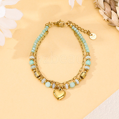 304 Stainless Steel Paperclip Chain & Natural Amazonite Beads Double Layered Bracelets WG3FEC9-01-1