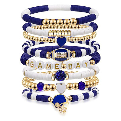 7Pcs Rugby Polymer Clay Heishi & CCB Plastic Beaded Stretch Bracelets Set FS-WGC7825-03-1
