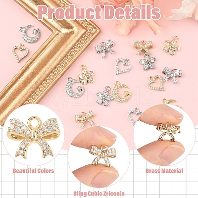 16Pcs 8 Styles Rack Plating Brass Micro Pave Cubic Zirconia Charms ZIRC-YW0001-30-1