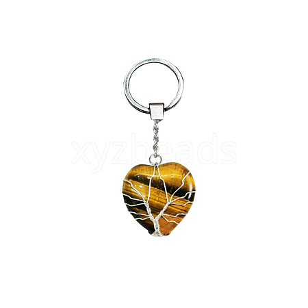 Tree of Life Wire Wrapped Heart Natural Tiger Eye Gemstone Pendant Keychain FIND-PW0017-03E-1