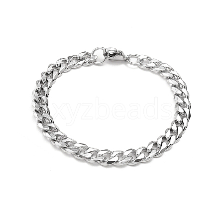 Tarnish Resistant 201 Stainless Steel Curb Chain Bracelets with Lobster Claw Clasps for Men BJEW-P316-01B-P-1