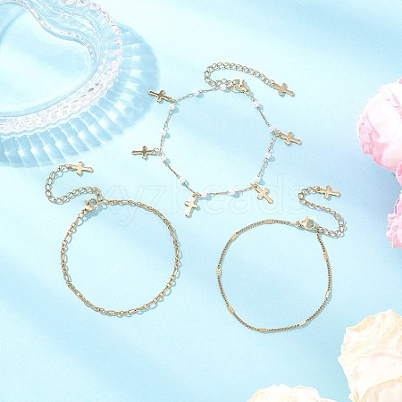 Round ABS Imitation Pearl Beaded Chains & 304 Stainless Steel Cable Chains Stackable Bracelets for Women BJEW-JB12452-01-1