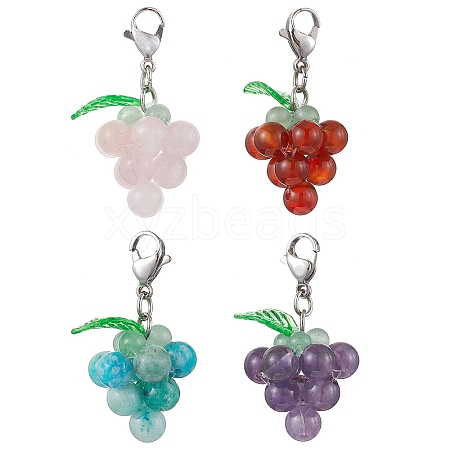 4Pcs 4 Styles Grape Natural Green Aventurine & Hemimorphite & Rose Quartz & Carnelian & Amethyst Pendant Decoration HJEW-TA00293-1