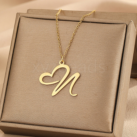304 Stainless Steel Heart Initial Pendant Necklaces for Women Men FS-WG51A4F-08-1