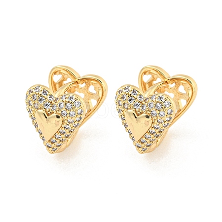 Heart Brass Pave Clear Cubic Zirconia Hoop Earrings EJEW-M258-22G-1