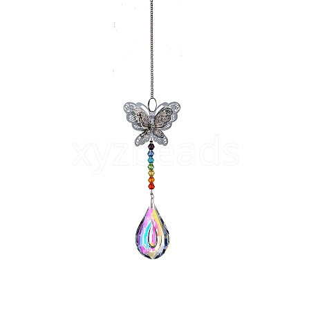 Glass Teardrop Sun Catcher Hanging Prism Ornaments with Iron Butterfly HJEW-PW0002-14D-1