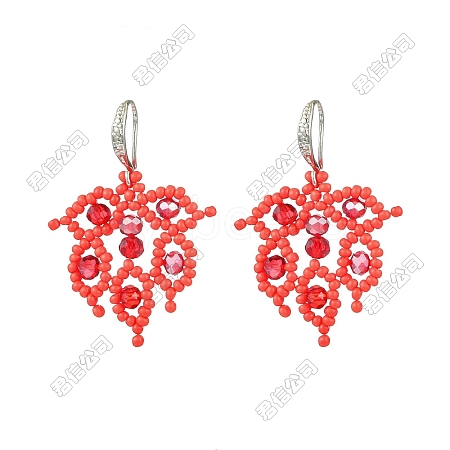 Handmade Glass Seed Beads Leaf Dangle Earrings EJEW-FS00097-1