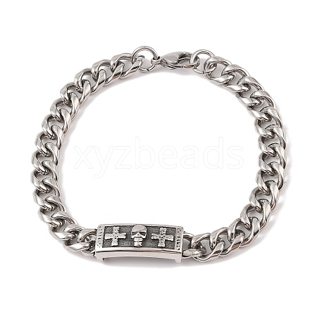 304 Stainless Steel Viking Rectangle with Cross Skull Link Chain Bracelets for Men BJEW-B096-49A-1