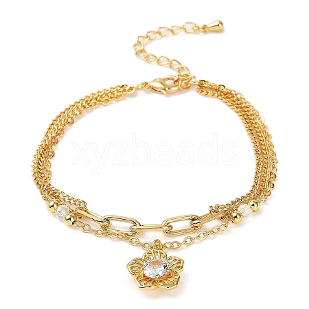 Flower Brass Micro Pave Cubic Zirconia Charm Bracelets BJEW-P342-07G-1