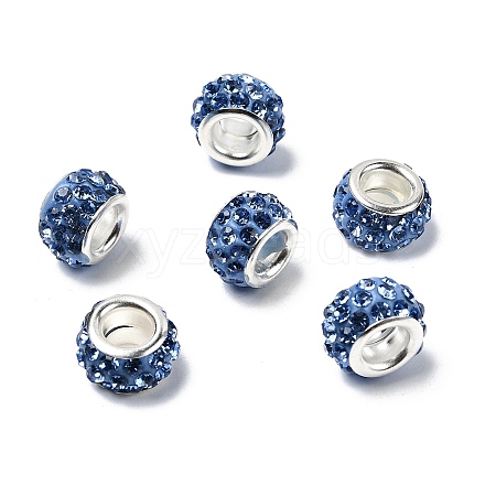 Polymer Clay Rhinestone European Large Hole Beads with Silver Color Plated Brass Cores FPDL-R002-08-1