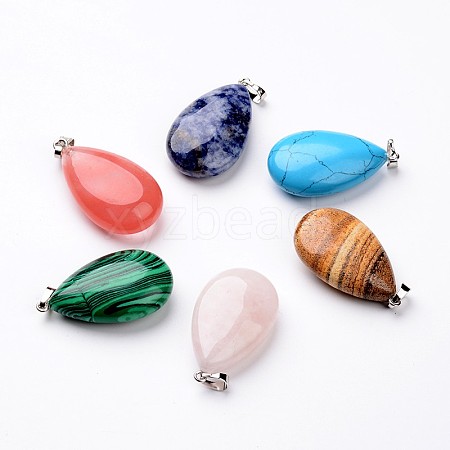 Teardrop Platinum Tone Brass Natural & Synthetic Mixed Stone Pendants G-F267-07-1