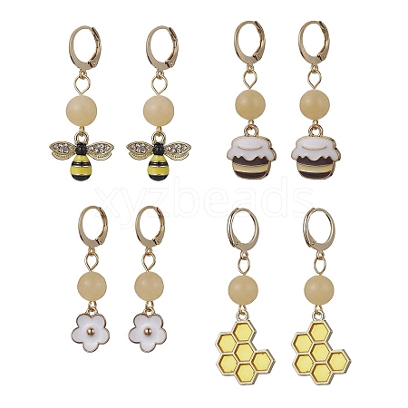 4 Pairs 4 Styles Bee & Flower Alloy Enamel Dangle Leverback Earrings for Women EJEW-JE05594-1