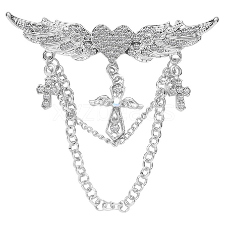 Heart with Angel Wings Alloy Full Crystal Rhinestone Hanging Chain Brooch PW-WGB7AF1-02-1