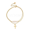 304 Stainless Steel & Plastic Imitaiton Pearl Double Layer Cross Charm Anklets for Women AJEW-A059-01G-01-2