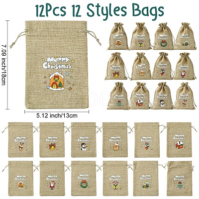 12Pcs 12 Styles Christmas Printed Burlap Packing Pouches Drawstring Bags ABAG-FS0001-03B-1
