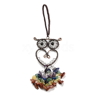 Wire Wrapped Brass Owl & Natural Quartz Crystal Pendant Decoration HJEW-C006-01A-1