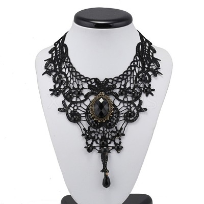 Gothic Alloy Glass Lace Heart Statement Bib Choker Necklaces for Women FS-WGE10D6-01-1