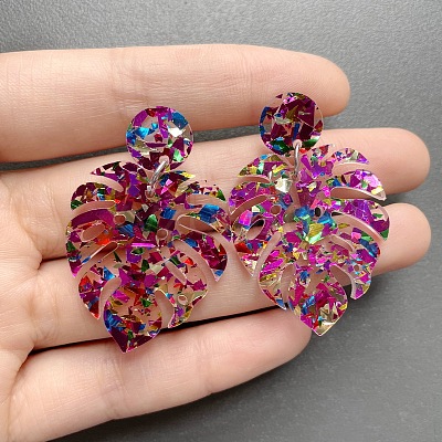 Leaf Acrylic Paillette Dangle Stud Earrings FS-WG5D05C-04-1