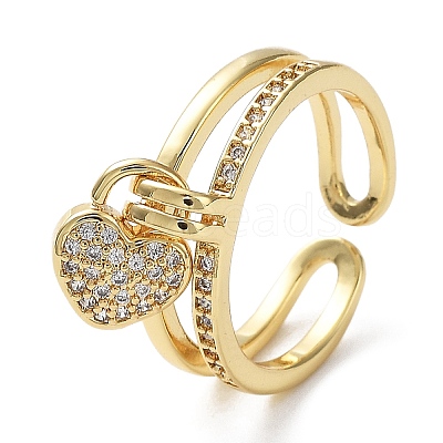 Cubic Zirconia Heart Charms Open Cuff Rings RJEW-M154-02G-1