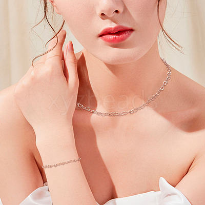 1 Set Brass Heart Link Chain Bracelets & Necklace SJEW-TA0001-04-1