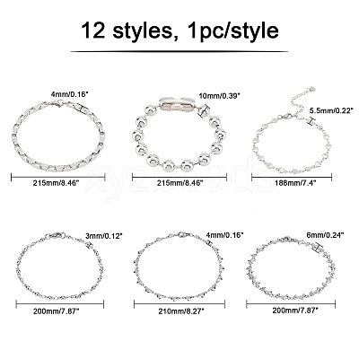 12Pcs 12 Style 304 Stainless Steel Chain Bracelets BJEW-DC0001-02-1
