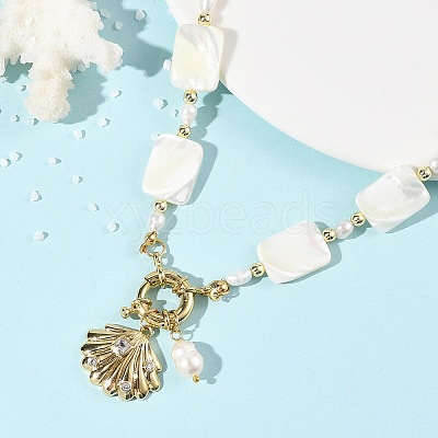 Ocean Brass Shell Shape Pendant Natural Trochid Shell & Freshwater Pearl Beaded Necklaces for Women NJEW-JN06408-1