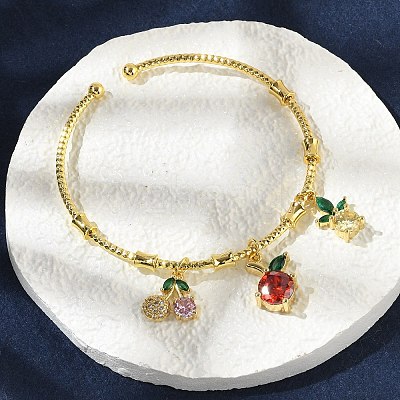 Brass Micro Pave Cubic Zirconia Friut Charm Bangles for Women BJEW-Z089-05G-1