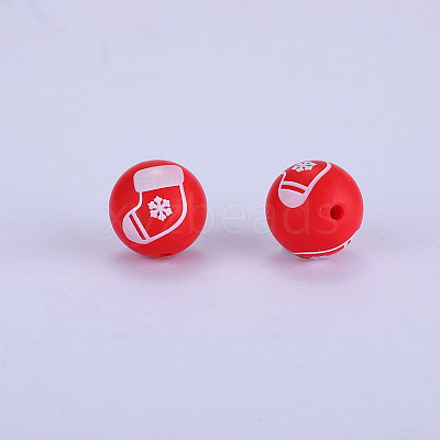 Christmas Printed Round with Christmas Socking Pattern Silicone Focal Beads SI-JX0056A-217-1