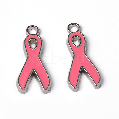 October Breast Cancer Pink Awareness Ribbon Alloy Enamel Pendants EA546Y-2-1