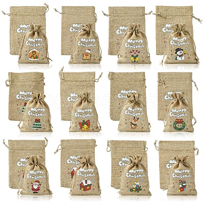12Pcs 12 Styles Christmas Printed Burlap Packing Pouches Drawstring Bags ABAG-FS0001-03A-1