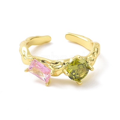 Colorful Cubic Zirconia Round & Rectangle Open Cuff Ring RJEW-F135-02G-1