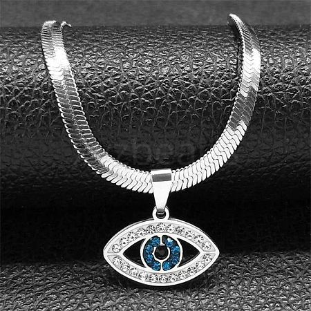 304 Stainless Steel Rhinestone Snake Chain Evil Eye Pendant Necklaces NJEW-K273-02P-1