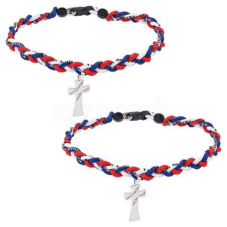 2Pcs Stainless Steel Baseball Cross Pendant Braided Nylon Cord Necklaces NJEW-UN0001-83-1