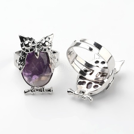 Owl Brass Natural Amethyst Finger Rings RJEW-L074-01-1