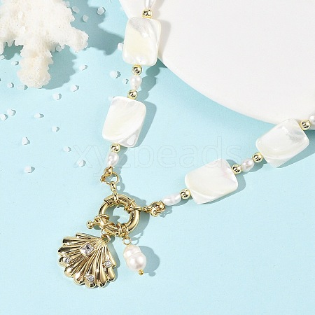 Ocean Brass Shell Shape Pendant Natural Trochid Shell & Freshwater Pearl Beaded Necklaces for Women NJEW-JN06408-1