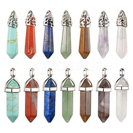 14Pcs 14 Style Chakra Natural & Synthetic Gemstone Pointed Pendants G-LS0001-76-1