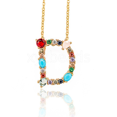 Golden Brass Micro Pave Cubic Zirconia Initial Pendants Necklaces NJEW-S069-JN002-D-1