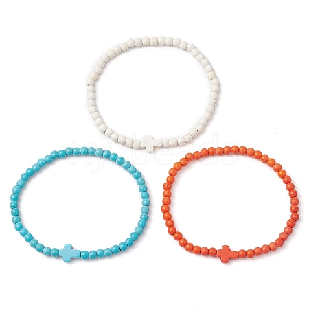 3Pcs 3 Colors Synthetic Turquoise Beaded Stretch Bracelets Sets for Women BJEW-JB11165-1