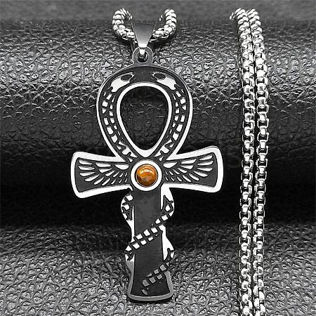 304 Stainless Steel Pave Natural Tiger Eye Ankh Cross Pendant Box Chain Necklaces STAS-D196-04P-1