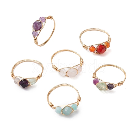 Round Natural Rose Quartz & Amethyst & Fluorite & Carnelian & Amazonite & Red Agate Finger Ring RJEW-JR00754-1