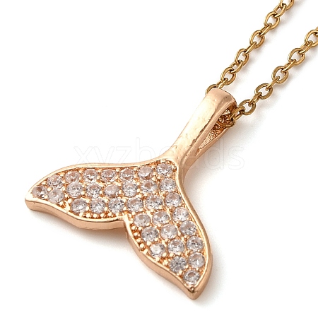 Brass Micro Pave Clear Cubic Zirconia Whale Tail Pendant Necklaces NJEW-M080-06-1