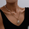 2Pcs Flat Round Alloy & Plastic Imitation Pearl Pendant Double Layer Necklaces FS-WGEC9D8-01-2