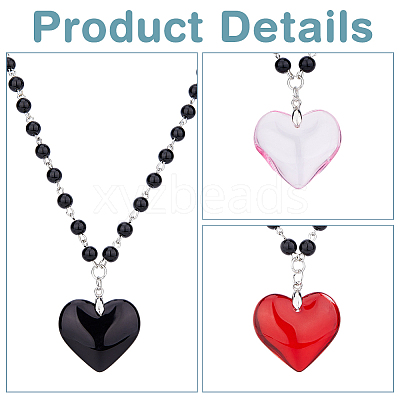 3Pcs 3 Colors Glass Heart Pendant Necklaces Set with Plastic Beaded Chains NJEW-FI0001-40-1