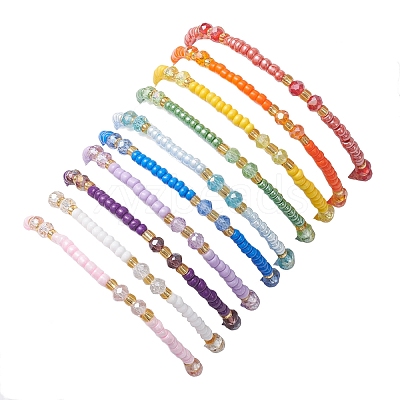 10Pcs Glass Seed Beads & Glass & Natural Trochid Shell Beaded Stretch Bracelets for Women BJEW-MZ00272-1